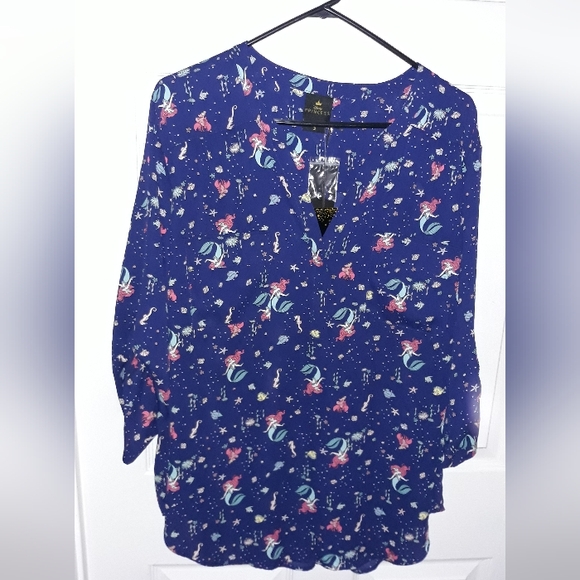 New 3x Disney The Little Mermaid Harper Blouse  Georgette Ariel & Flounder Navy - Picture 13 of 13